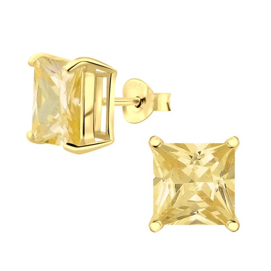 Joy|S - Zilveren vierkant oorbellen - 8 mm zirkonia champagne geel - goudplating
