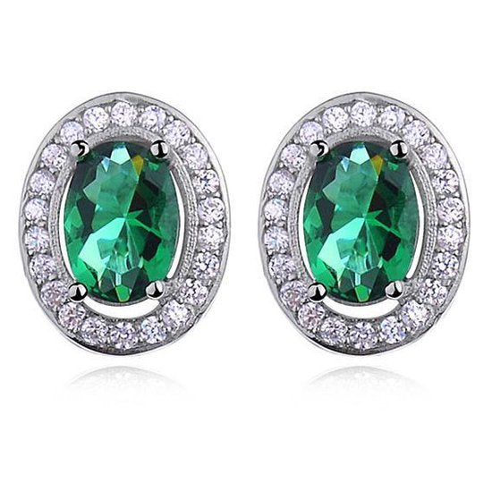 Joy|S - Zilveren classic ovale oorbellen 11.5 x 10 mm emerald groen zirkonia - gehodineerd