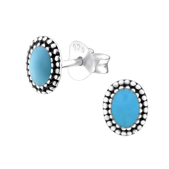 Joy|S - Zilveren classic ovaal oorbellen - 5 x 6 mm - blauw - geoxideerd - oorknopjes