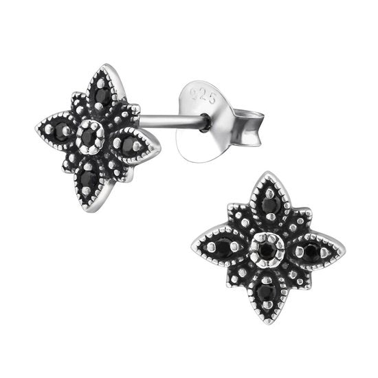 Joy|S - Zilveren bloem oorbellen geoxideerd 8 mm zirkonia zwart