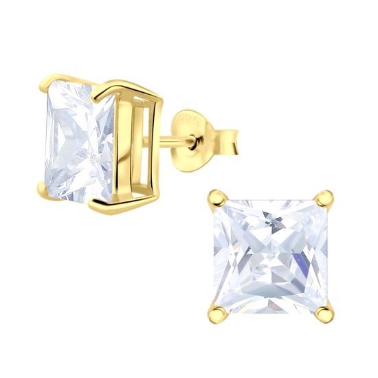 Joy|S - Zilveren vierkant oorbellen - 8 mm zirkonia - goudplating