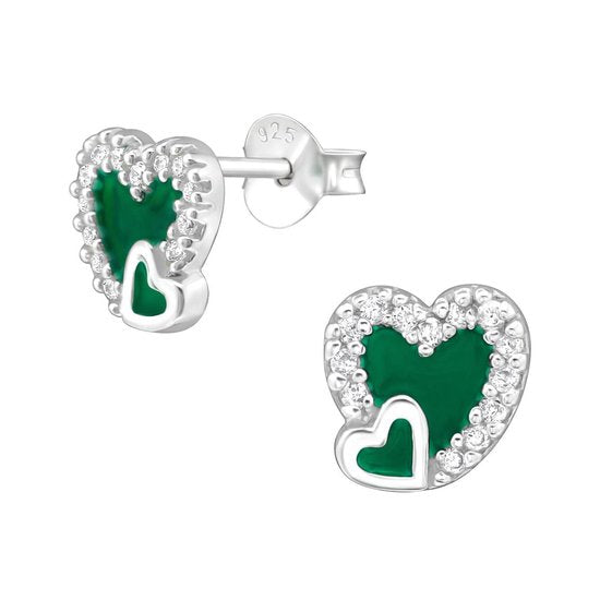 Joy|S - Zilveren elegant hartje oorbellen - groen met  zirkonia - 7 mm