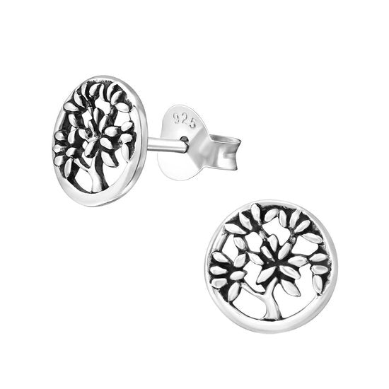 Joy|S - Zilveren boom met bloemen oorbellen 7 mm - rond geoxideerd - levensboom