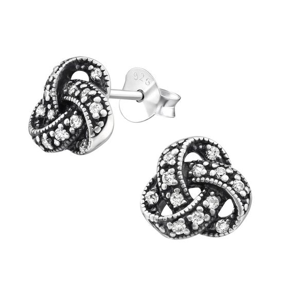 Joy|S - Zilveren classic knoop oorbellen - 8 mm - zirkonia - geoxideerd