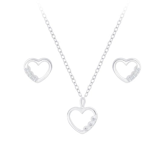 Joy|S - Zilveren hartjes oorbellen en hanger met ketting - zirkonia - set