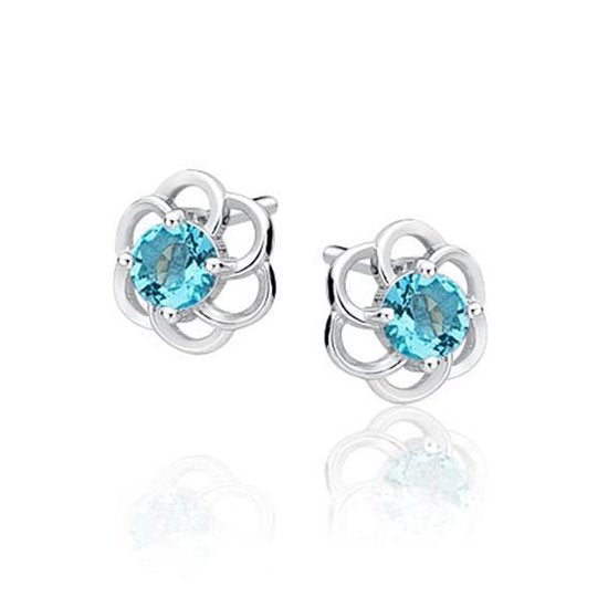 Joy|S - Zilveren elegante bloem oorbellen 8 mm aqua marine blauw zirkonia - gehodineerd
