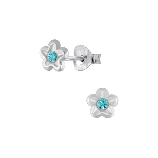 Joy|S - Zilveren bloem oorbellen - 6 mm - blauw kristal - oorknopjes