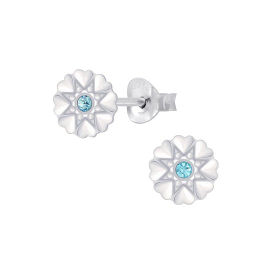 Joy|S - Zilveren hartjes bloem oorbellen - 7 mm - blauw kristal