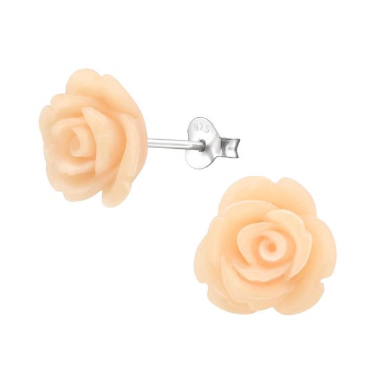 Joy|S - Zilveren roos oorbellen - 13 mm - perzik roze roosje