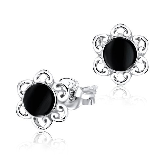 Joy|S - Zilveren bloem oorbellen - zilver zwart -  8 mm