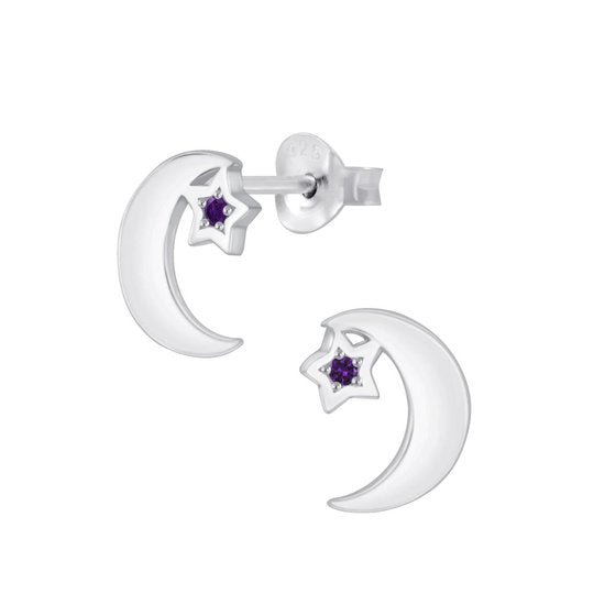 Joy|S - Zilveren maan oorbellen - 7 x 9 mm - zirkonia paars ster