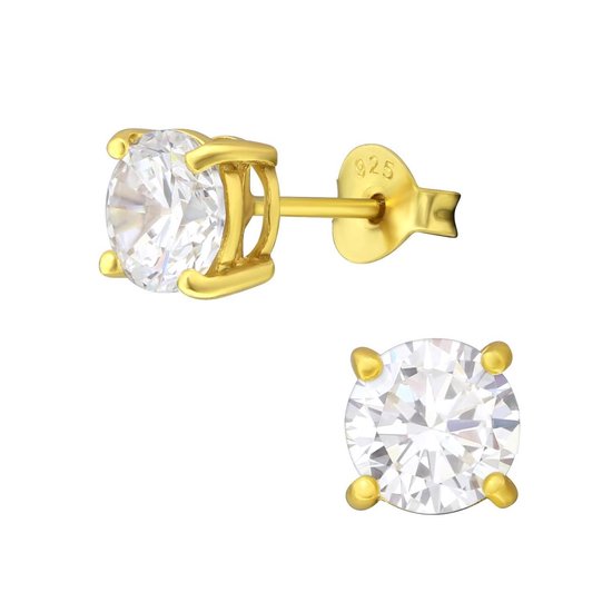 Joy|S - Zilveren classic rond oorbellen 7 mm kristal goudplating