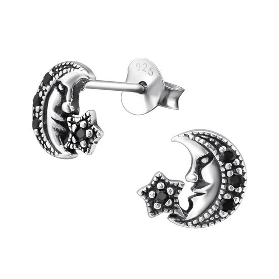 Joy|S - Zilveren maan met ster oorbellen - 8 x 7 mm - geoxideerd - zirkonia zwart
