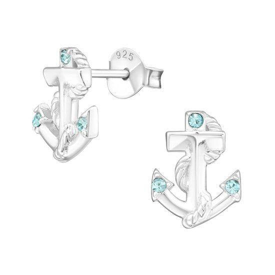 Joy|S - Zilveren anker oorbellen - 8 x 11 mm - blauw kristal