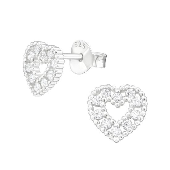 Joy|S - Zilveren elegante hartjes oorbellen - 7 mm - zirkonia