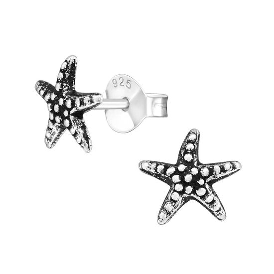 Joy|S - Zilveren zeester oorbellen - 7 mm - geoxideerd