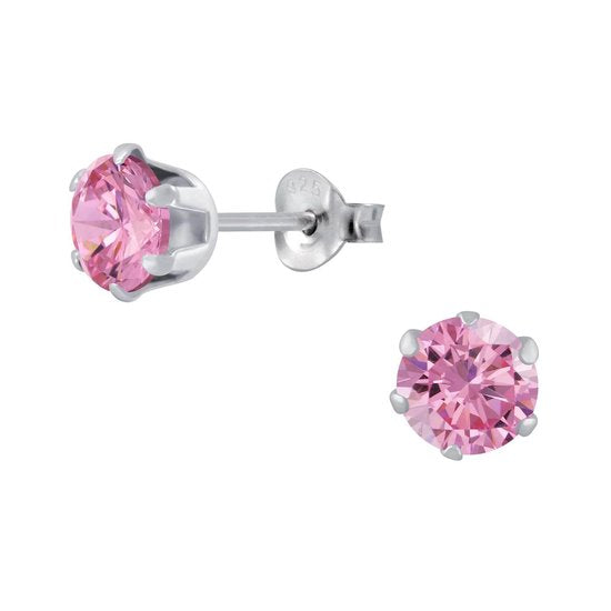 Joy|S - Zilveren ronde oorknoppen - zirkonia roze - 6 mm