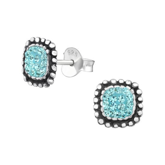 Joy|S - Zilveren vierkant oorbellen - 7 mm - geoxideerd - blauw kristal