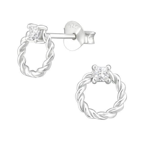 Joy|S - Zilveren cirkel oorbellen - rond kabel gedraaid - 7 x 8 mm - zirkonia