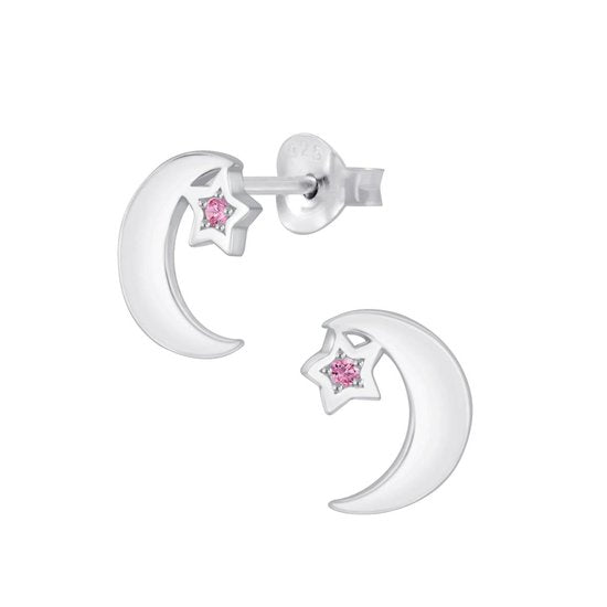 Joy|S - Zilveren maan oorbellen - 7 x 9 mm - zirkonia roze ster