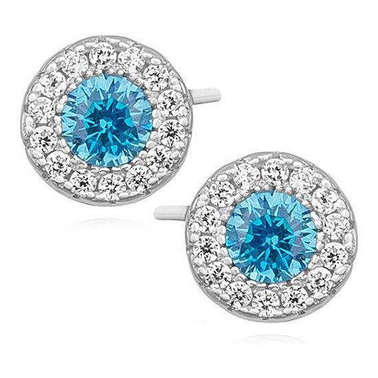 Joy|S - Zilveren elegante oorknoppen - 7 mm - rond met zirkonia aqua marine blauw