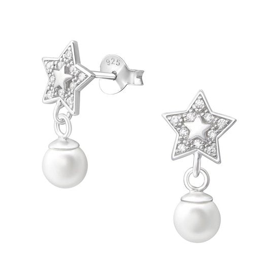 Joy|S - Zilveren ster oorbellen met parel bedel - zirkonia - 8 x 16 mm