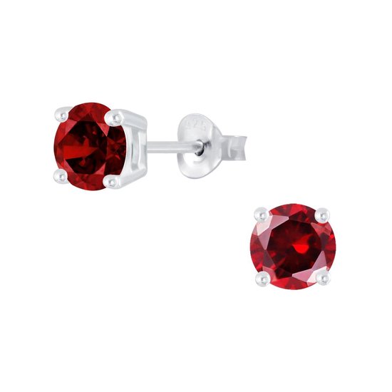 Joy|S - Zilveren rond oorbellen - 6 mm - zirkonia rood