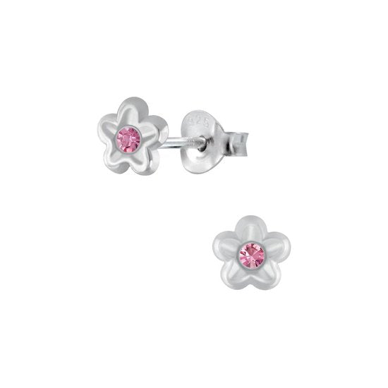 Joy|S - Zilveren bloem oorbellen - 6 mm - roze kristal - oorknopjes