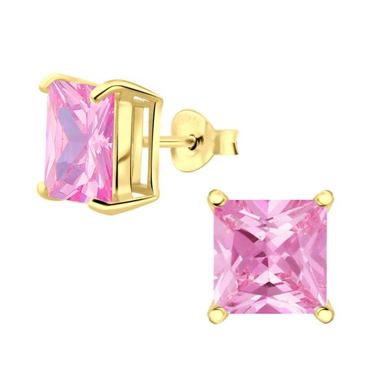 Joy|S - Zilveren vierkant oorbellen - 8 mm zirkonia roze - goudplating