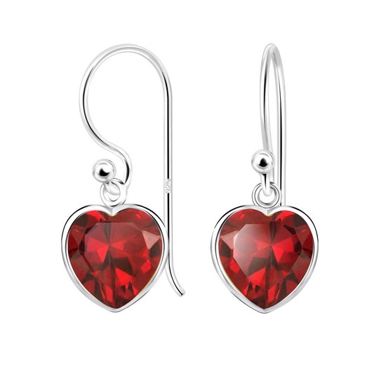 Joy|S - Zilveren hart oorbellen - 8 mm hartje zirkonia rood - oorhangers