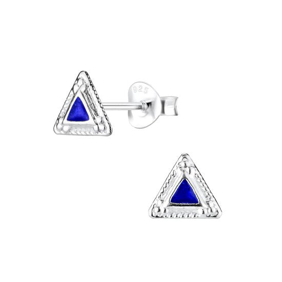 Joy|S - Zilveren driehoek oorbellen - blauw - 7 mm