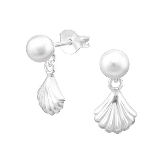 Joy|S - Zilveren parel oorbellen met schelp bedel - 7 x 16 mm