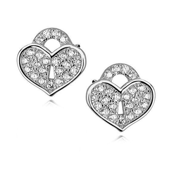 Joy|S - Zilveren hartje slot oorbellen - 8 x 10 mm - zirkonia - gehodineerd
