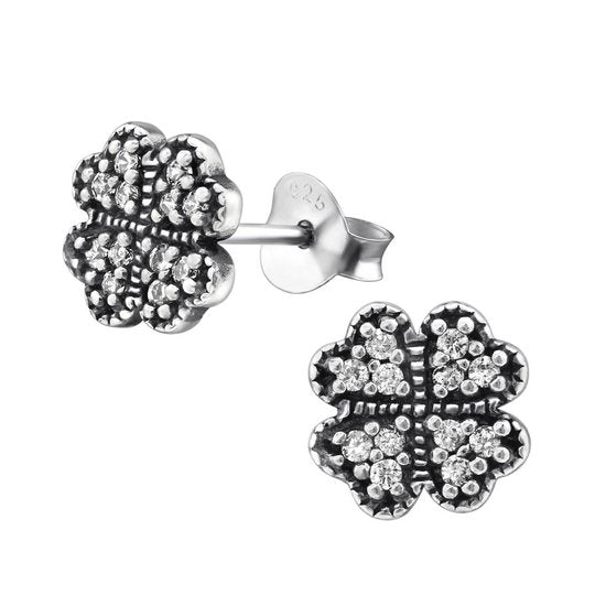 Joy|S - Zilveren klaver oorbellen - 8 mm - met zirkonia - geoxideerd