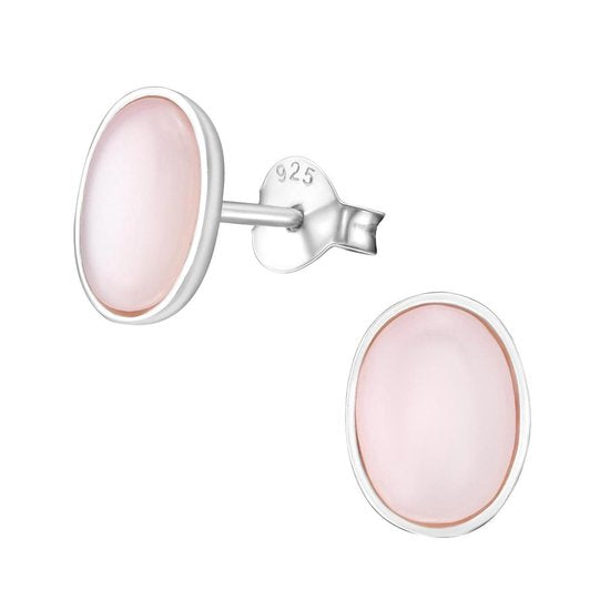 Joy|S - Zilveren ovaal oorbellen - zacht roze schelp - 7 x 9 mm - oorknoppen