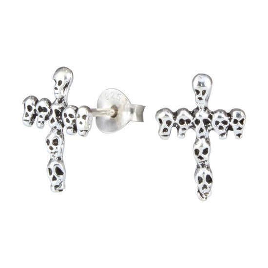 Joy|S - Zilveren kruis van doodskopjes oorbellen skull 9 x 12 mm geoxideerd