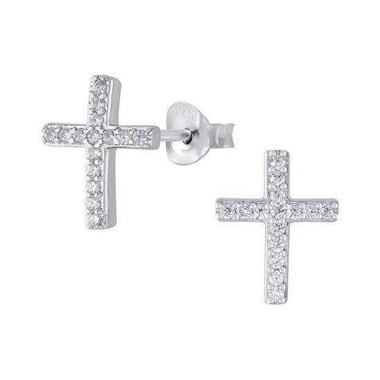 Joy|S - Zilveren kruis oorbellen - 9 x 11 mm - zirkonia - gehodineerd