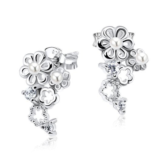 Joy|S - Zilveren classic Daisy bloem oorbellen met parel en kristal