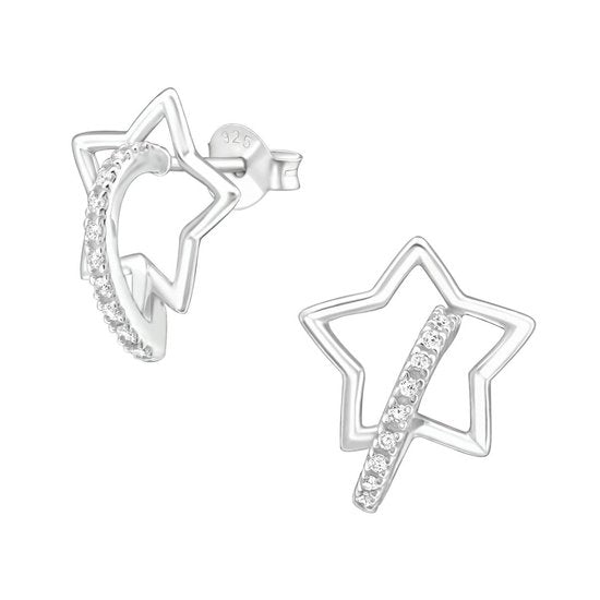 Joy|S - Zilveren ster oorbellen met halve hoepel - 12 x 15 mm - zirkonia