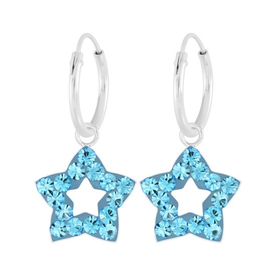 Joy|S - Zilveren ster bedel oorbellen -blauw kristal -oorringen