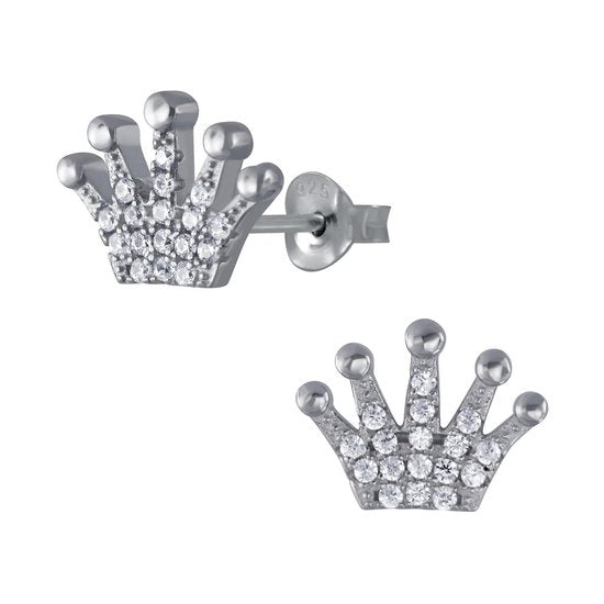 Joy|S - Zilveren kroontje oorbellen - 12 x 9 mm - zirkonia - gehodineerd