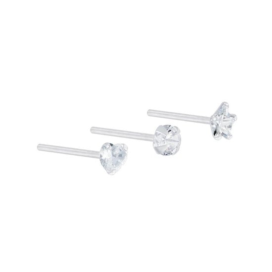 Joy|S - Zilveren neuspiercing set zirkonia | hartje | rondje | ster