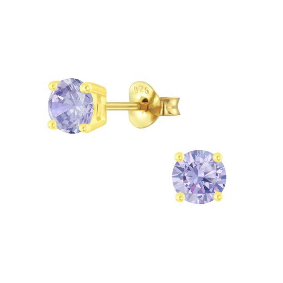 Joy|S - Zilveren rond oorbellen - 5 mm - zirkonia lavendel - goudplating