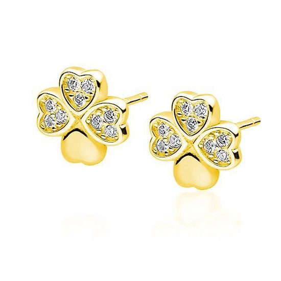 Joy|S - Zilveren klaver oorbellen - 10 mm - klavertje vier - zirkonia - goudplating