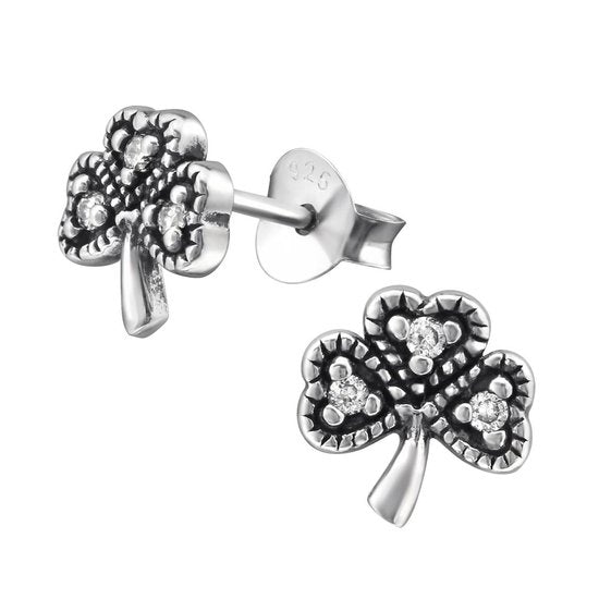 Joy|S - Zilveren klaver oorbellen - 8 mm - klavertje met zirkonia - geoxideerd