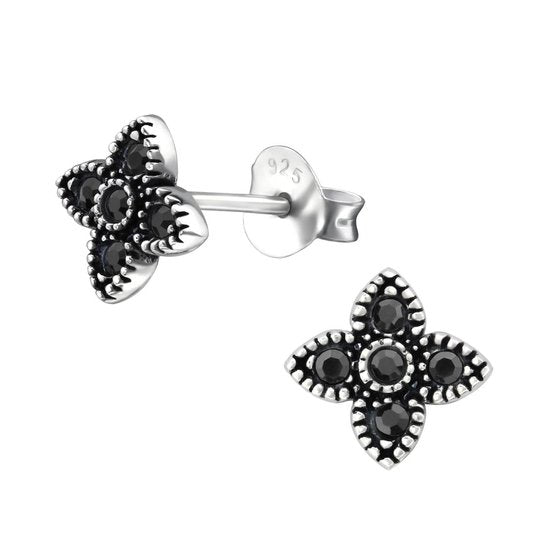 Joy|S - Zilveren Bali ster oorbellen kristal zwart 7 mm