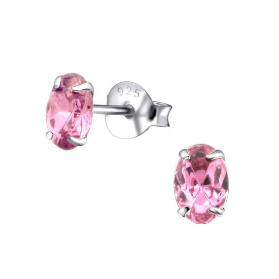Joy|S - Zilveren ovaal oorbellen - 4 x 6 mm - kristal roze ovale oorknopjes