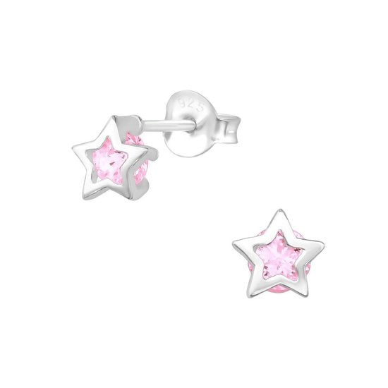 Joy|S - Zilveren ster met roze zirkonia oorbellen - 6 mm