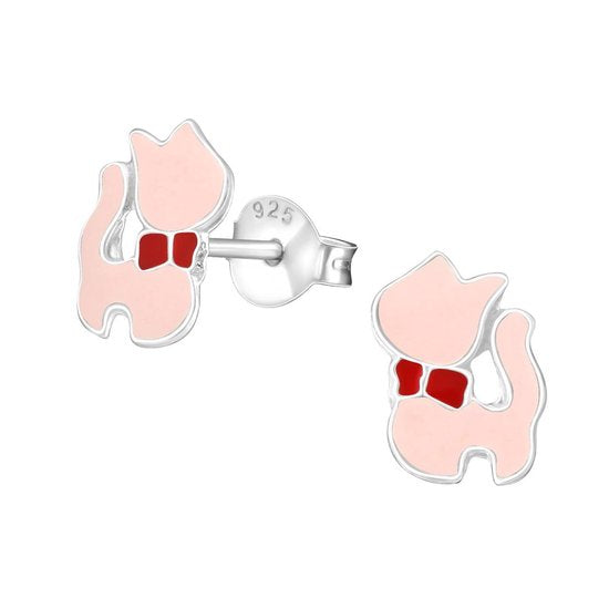 Joy|S - Zilveren kat poes oorbellen - roze met rood strikje - 7 x 10 mm