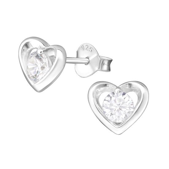 Joy|S - Zilveren hartje oorbellen - 8 x 7 mm - met ronde zirkonia